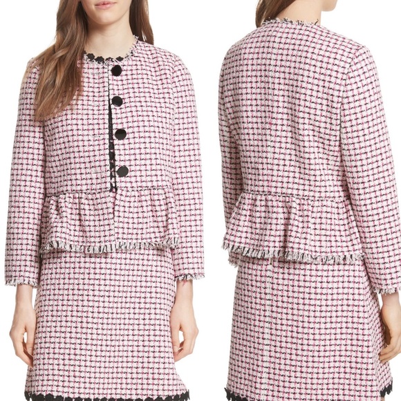 KATE SPADE Jacket Tweed Peplum Frayed Trim Button Front Pink White Black Size 0